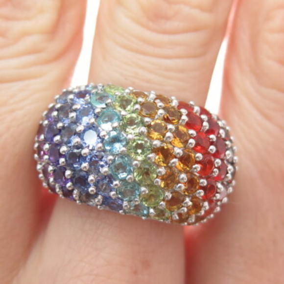Jewelry - CHUCK CLEMENCY 925 Sterling Silver Real Round-Cut Multi-Color Gem Ring Size 8.25